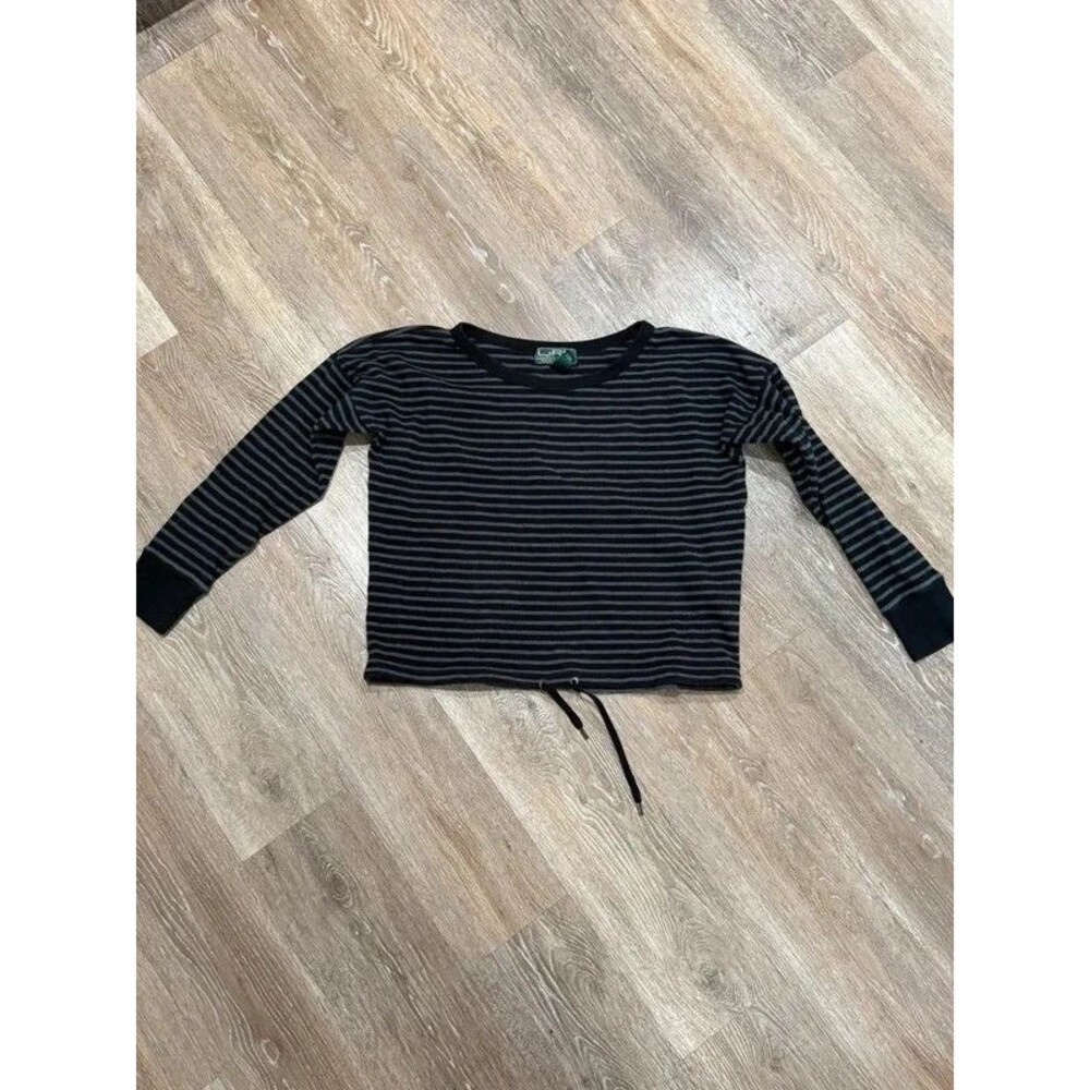 LRL Lauren Ralph Lauren Black Grey Striped Cinch Tie Hem Long Sleeve Top Shirt